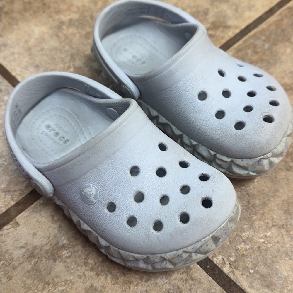 Kids Gray Crocs glittered trim